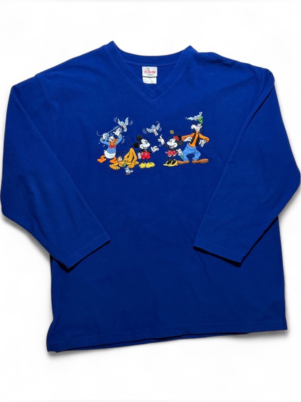Vtg Disney Royal Blue Mickey & Friends Fleece VNeck Long Sleeve Unisex Adult L